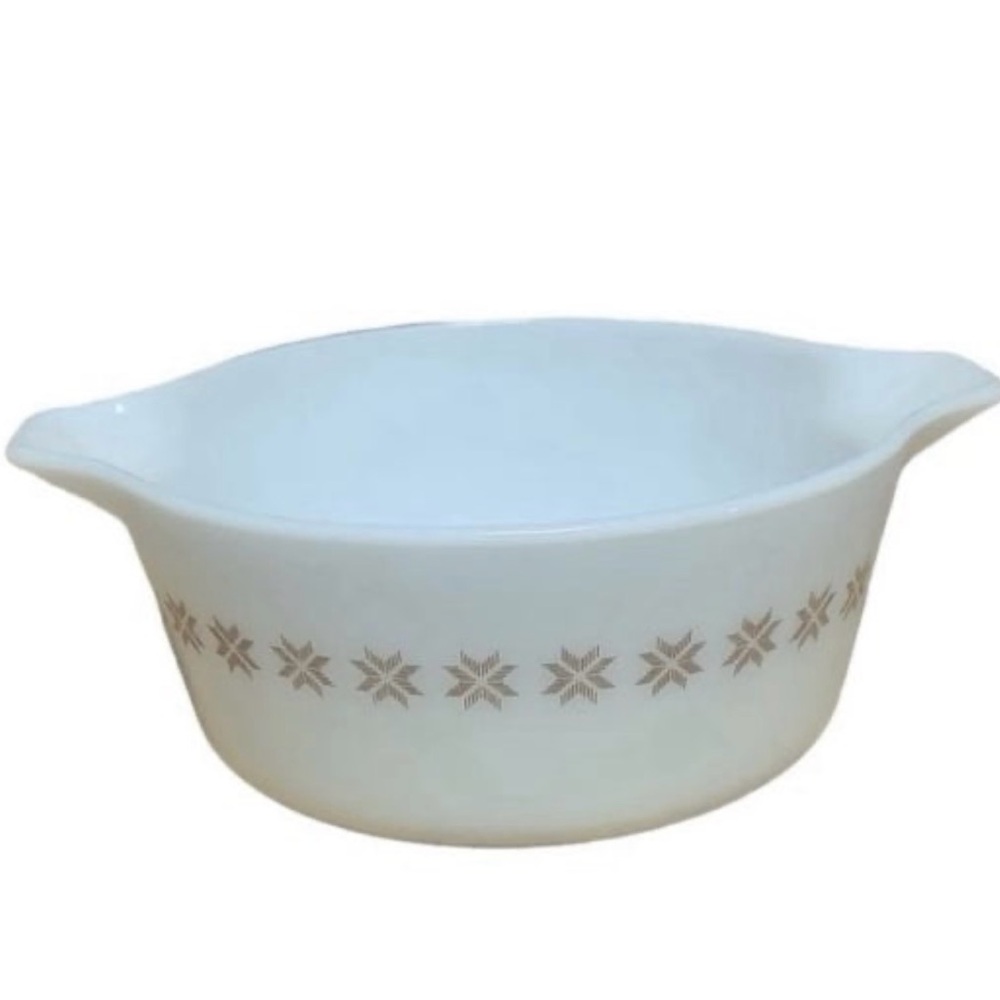 Vintage Pyrex White Casserole Dish #475B Town Country Brown Snowflakes 2…